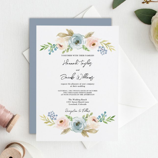 Dusty Blue Elegant Floral Rustic Wedding  Invitation (Creator Uploaded)