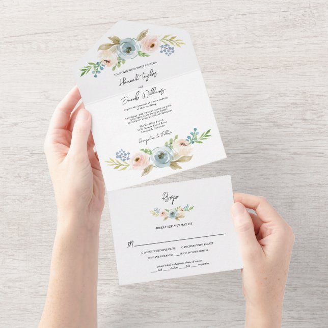 Dusty Blue Elegant Floral Rustic Wedding with RSVP All In One Invitation (Tearaway)