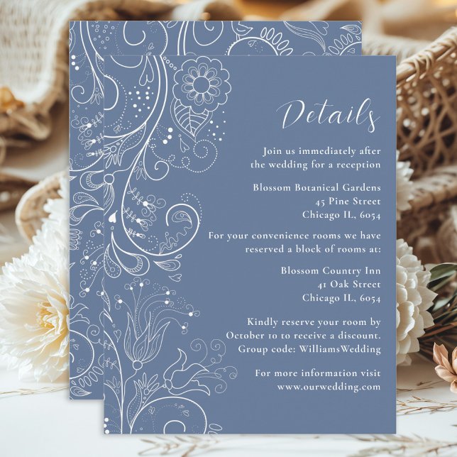 Dusty Blue Elegant Floral Wedding Details Enclosure Card (Creator Uploaded)