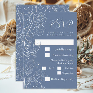 Dusty Blue Elegant Floral Wedding Meal Choice RSVP Card