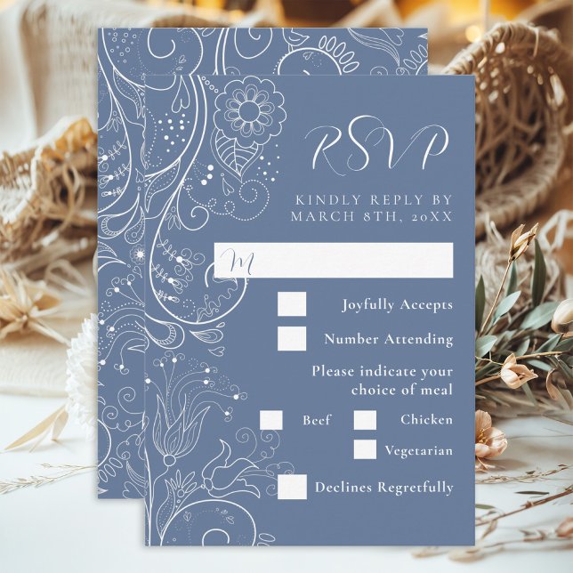 Dusty Blue Elegant Floral Wedding Meal Choice RSVP Card (Creator Uploaded)