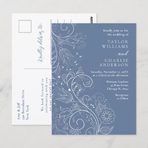 Dusty Blue Elegant Floral Wedding Postcard