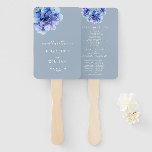 Dusty Blue Elegant Floral Wedding Program Hand Fan (Front and Back)