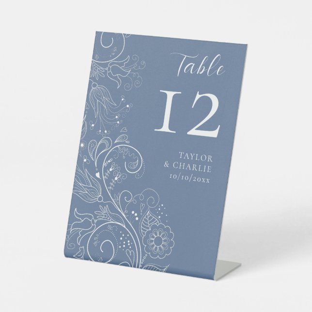 Dusty Blue Elegant Floral Wedding Table Number Pedestal Sign (Front)