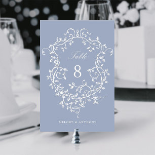 Dusty Blue Elegant French Floral Crest  Table Number