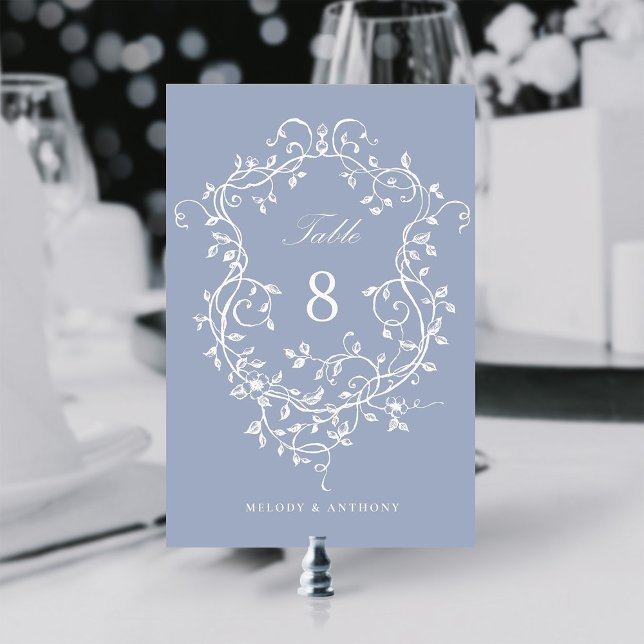 Dusty Blue Elegant French Floral Crest  Table Number (Creator Uploaded)