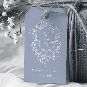 Dusty Blue Elegant French Floral Crest Wedding Gift Tags