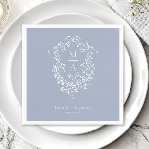 Dusty Blue Elegant French Floral Crest Wedding Napkin