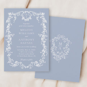 Dusty Blue Elegant French Floral Wedding Invitation