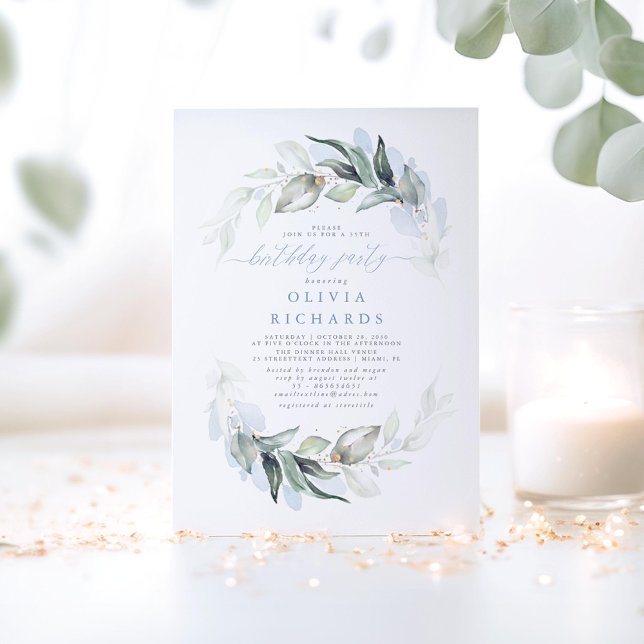 Dusty Blue Elegant Greenery Birthday Party Invitation (Dusty Blue Greenery Birthday Invitations)