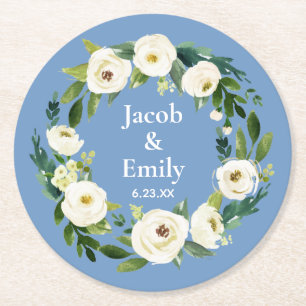 Dusty Blue Elegant Greenery Personalised Wedding Round Paper Coaster