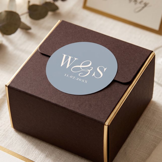 Dusty Blue elegant initial wedding couples Classic Round Sticker (Creator Uploaded)