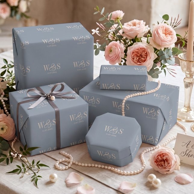 Dusty Blue elegant initial wedding couples Wrapping Paper (Creator Uploaded)