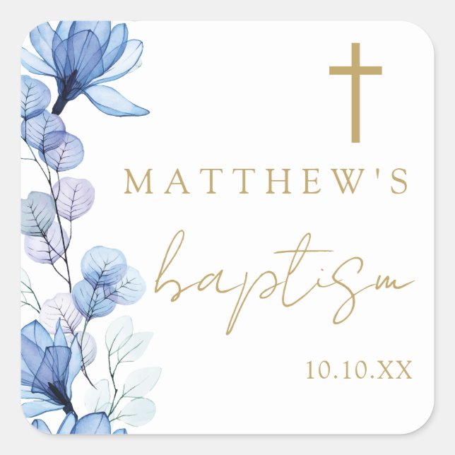 Dusty Blue Elegant Modern Floral Baptism Square Sticker (Front)