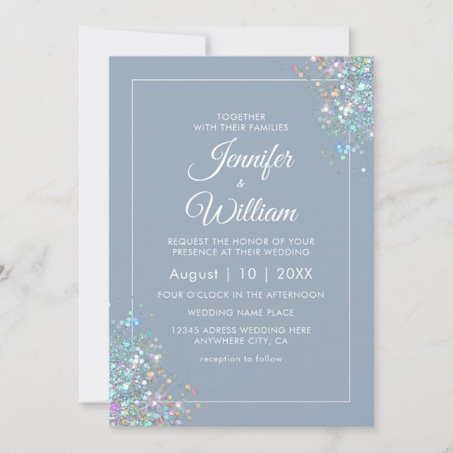 Dusty Blue Elegant Modern Holographic Glitter Chic Invitation (Front)