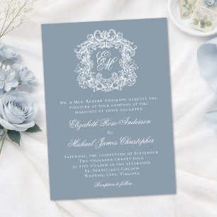 Dusty Blue Elegant Monogram Crest Wedding Invitation