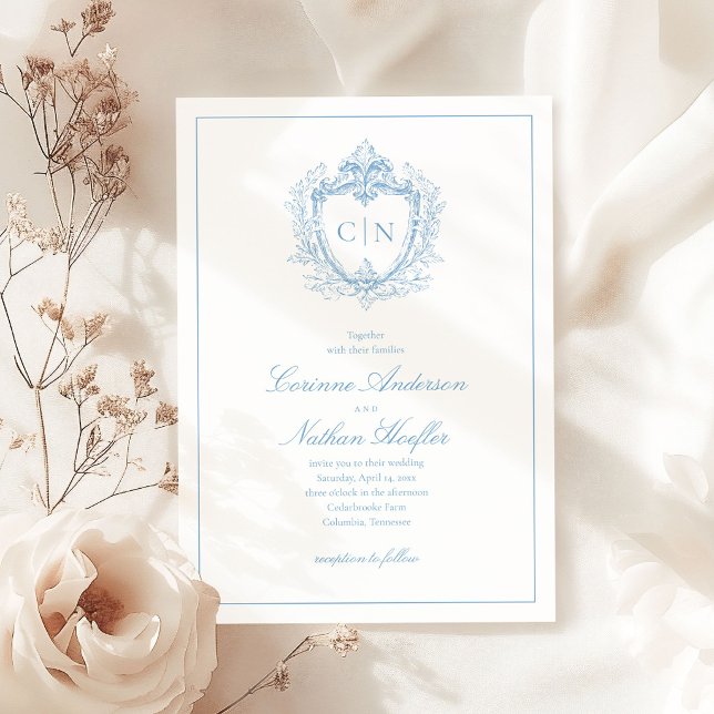 Dusty Blue Elegant Monogram Crest Wedding Invitation (Creator Uploaded)