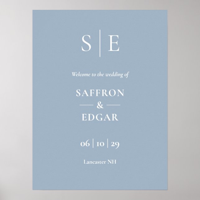 Dusty Blue Elegant Monogram Wedding Welcome Sign (Front)