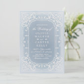 Dusty blue elegant ornate romantic vintage wedding invitation (Standing Front)