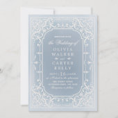 Dusty blue elegant ornate romantic vintage wedding invitation (Front)