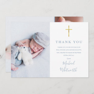 Dusty Blue Elegant Photo Collage Script Baptism Thank You Card