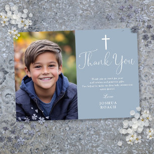 Dusty Blue Elegant Photo First Holy Communion Thank You Card