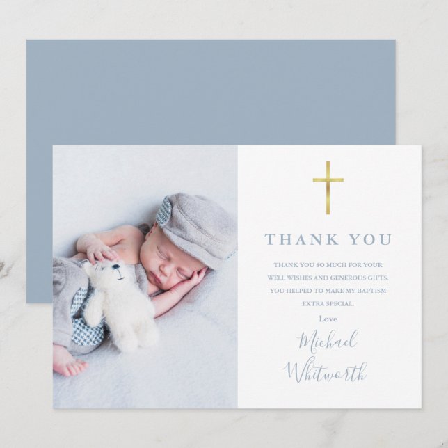 Dusty Blue Elegant Photo Signature Script Baptism  Thank You Card (Front/Back)