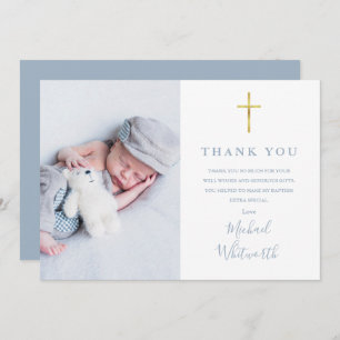Dusty Blue Elegant Photo Signature Script Baptism  Thank You Card