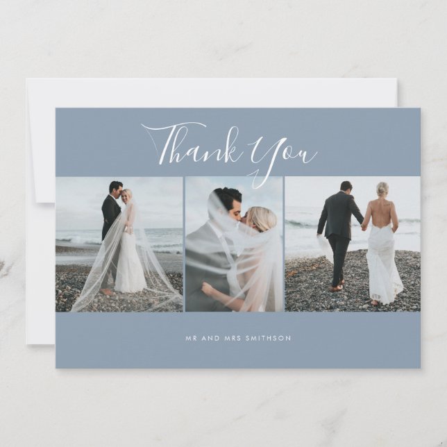 Dusty Blue Elegant Photo Wedding Thank You Card (Front)