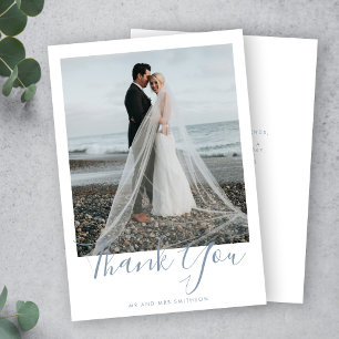 Dusty Blue Elegant Photo Wedding Thank You Card