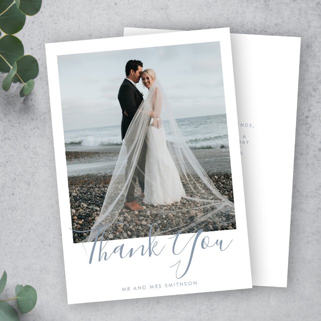 Dusty Blue Elegant Photo Wedding Thank You Card (Creator Uploaded)