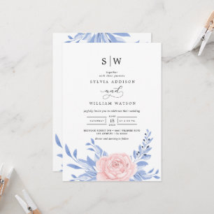 Dusty Blue Elegant Pink Floral Rustic Wedding Invitation