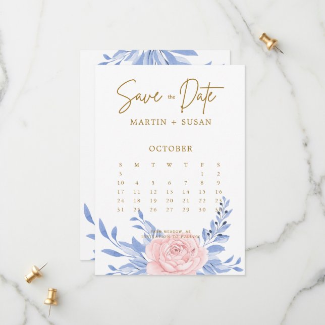 Dusty Blue Elegant Pink Floral Rustic Wedding Save The Date (Front/Back In Situ)