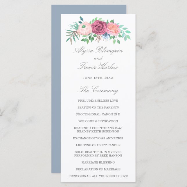 Dusty Blue Elegant Pink Floral Wedding Program (Front/Back)