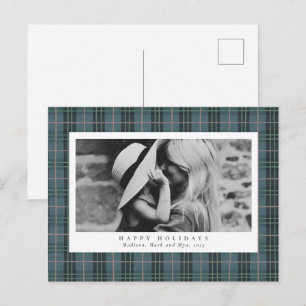Dusty Blue Elegant Plaid One Photo Holiday Postcard