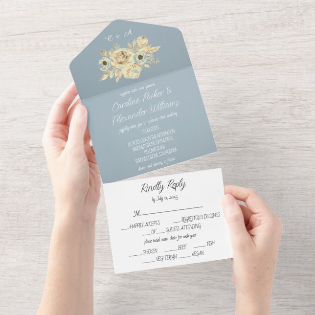 Dusty Blue Elegant Rustic Floral Unique All In One Invitation (Tearaway)