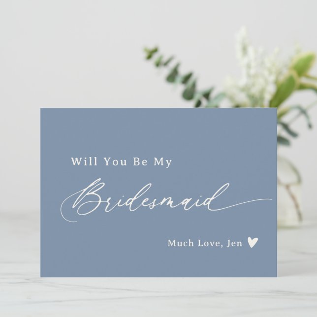 Dusty Blue Elegant Script Bridesmaid Proposal Card (Standing Front)