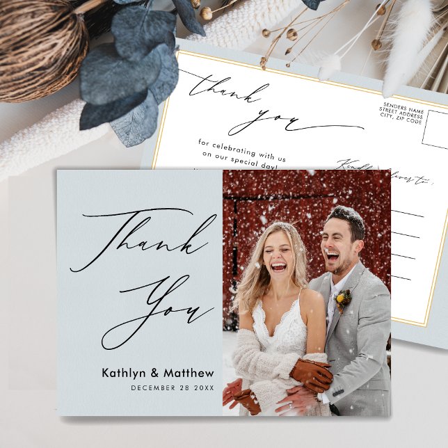 Dusty Blue Elegant Script Chic Wedding Thank You Postcard (Creator Uploaded)
