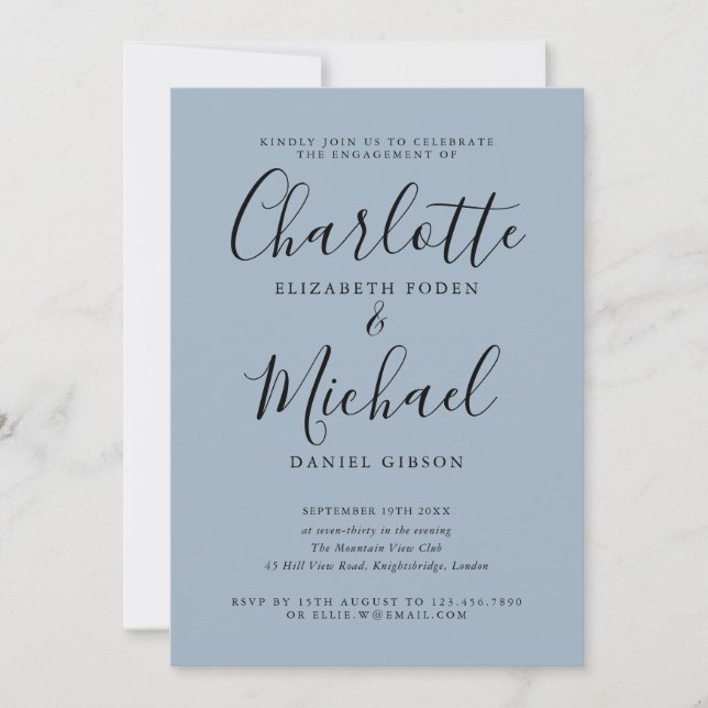 Dusty Blue Elegant Script Engagement Party Invitation (Front)
