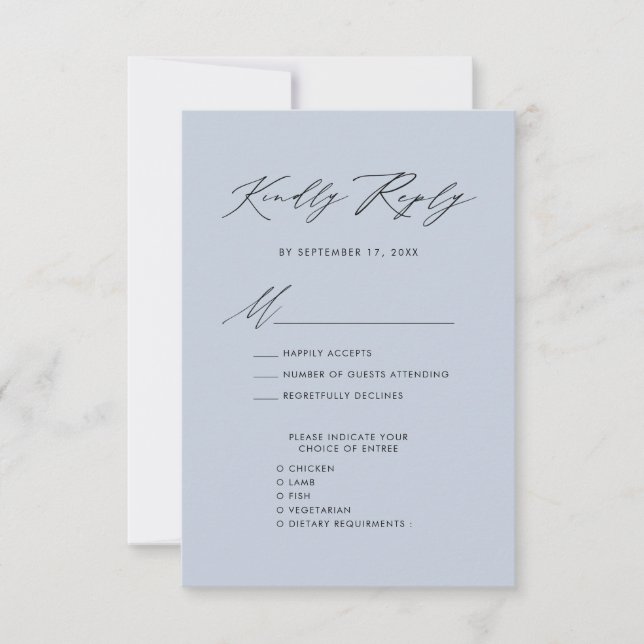 Dusty Blue Elegant Script Minimalist Wedding RSVP Card (Front)