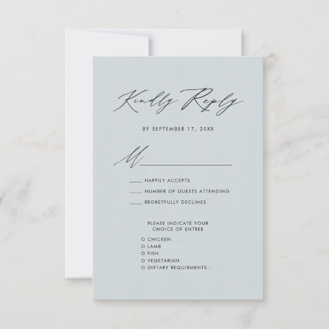 Dusty Blue Elegant Script Minimalist Wedding RSVP Card (Front)