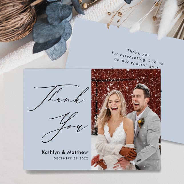 Dusty Blue Elegant Script Modern Photo Wedding Thank You Card (Creator Uploaded)