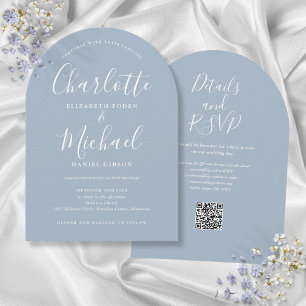 Dusty Blue Elegant Script QR Code Arch Wedding Invitation