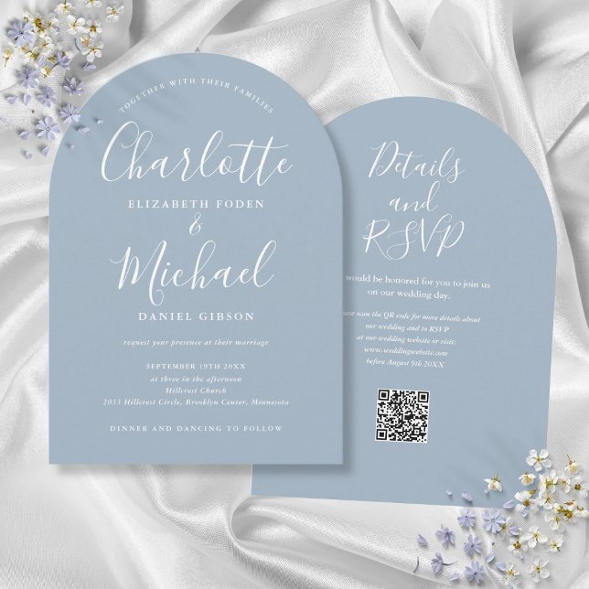 Dusty Blue Elegant Script QR Code Arch Wedding Invitation (Dusty Blue Elegant Script QR Code Arch Wedding Invitation)
