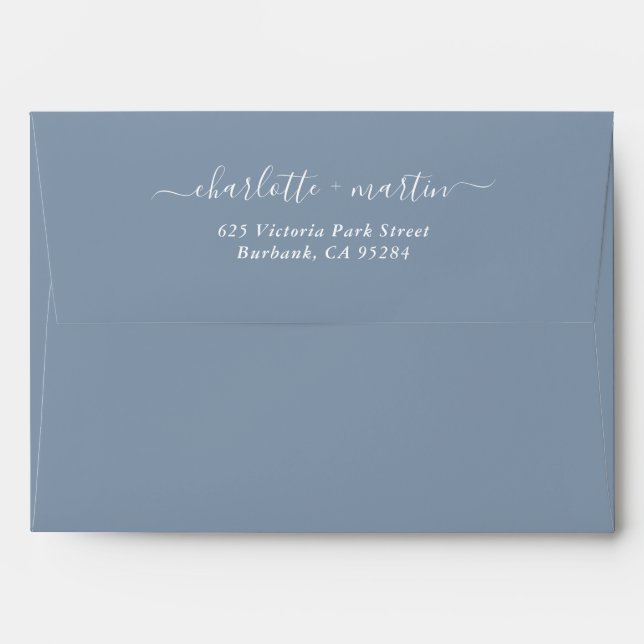 Dusty Blue Elegant Script Return Address Wedding Envelope (Back (Top Flap))