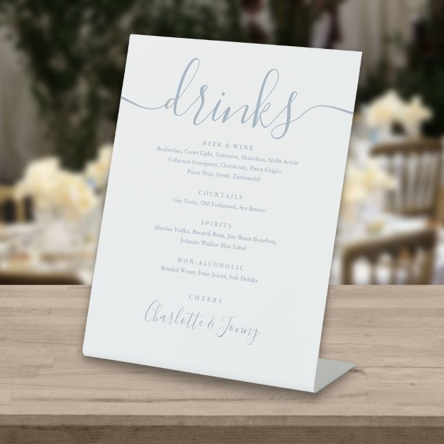 Dusty Blue Elegant Script Wedding Drinks Menu Pedestal Sign (Creator Uploaded)