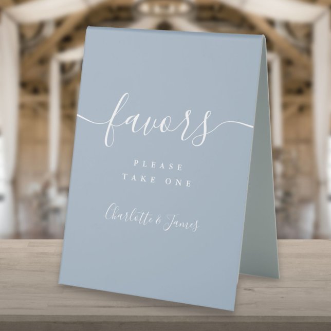 Dusty Blue Elegant Script Wedding Favours Table (Dusty Blue Elegant Script Wedding Favors Table Table Tent Sign)