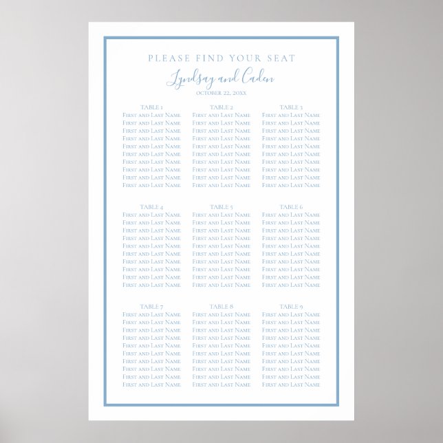Dusty Blue Elegant Script Wedding Seating Chart (Front)