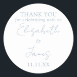 Dusty Blue Elegant Script Wedding Thank You Classic Round Sticker<br><div class="desc">This dusty blue minimalist elegant script wedding thank you sticker can be personalised with your information in chic typography. Designed by Thisisnotme©</div>