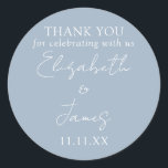 Dusty Blue Elegant Script Wedding Thank You Classic Round Sticker<br><div class="desc">This dusty blue minimalist elegant script wedding thank you sticker can be personalised with your information in chic typography. Designed by Thisisnotme©</div>